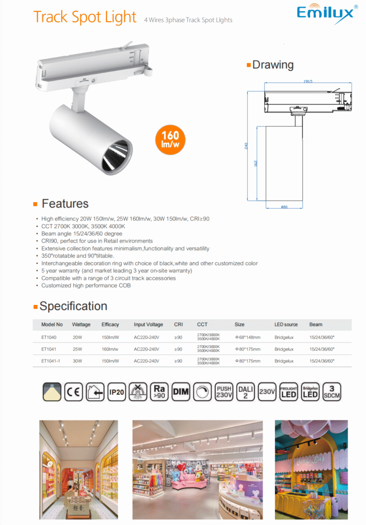 160 lumen per watt LED track spotlight for commercial and retail lighting